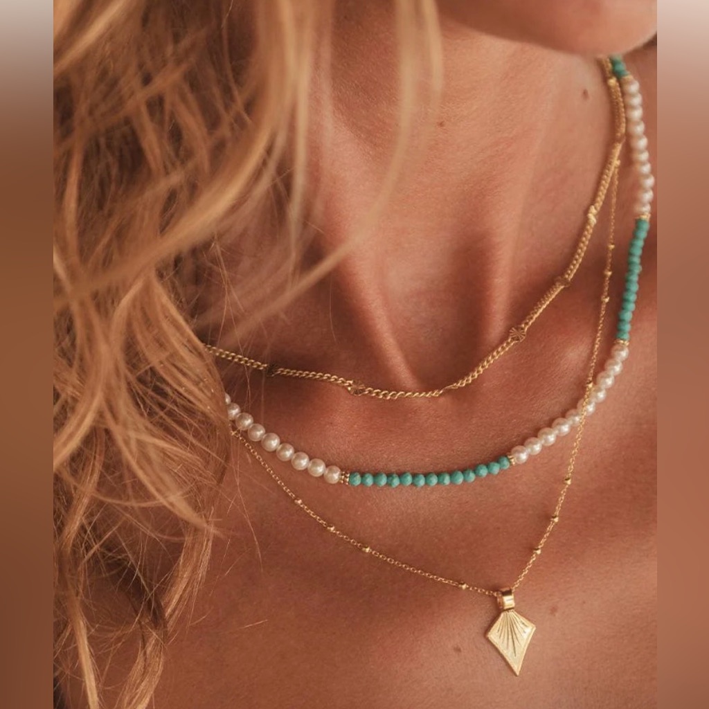 Daisy London By Anthropologie Turquoise And Pearl 925 Silver 18ct Gold Necklace